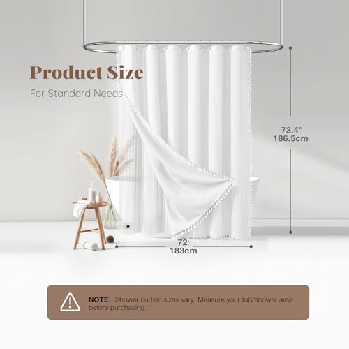 BTTN 3 in 1 Shower Curtain with Liner, White Boho Linen Striped Cloth Tassel Shower Curtain Set with Plastic Hook, Farmhouse Bohemian Country Waterproof Fabric Shower Curtain for Bathroom, 72x72 - color: White With Liner, size: 72"W x 72"L (Pack of 1)