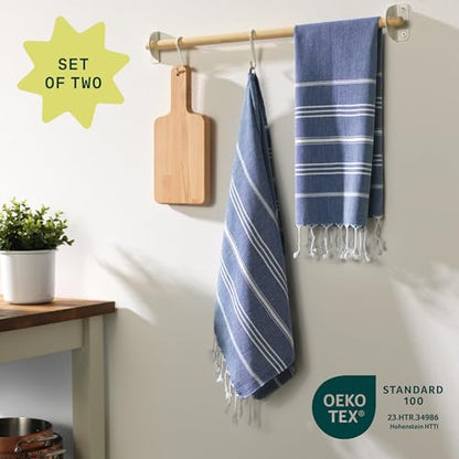 WETCAT Turkish Hand Towels with Hanging Loop, Set of 2 (20" x 30") 100% Turkish Cotton, Pre-Washed, Quick Drying, for Kitchen or Bathroom - Navy Blue - color: Navy Blue