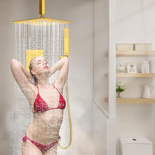 SunCleanse Rainfall Shower System with High Pressure in Brushed Gold | Ceiling mounted shower combo set featuring a 12" square rain head, handheld spray, and rough-in mixer valve with trim. - color: Brushed Gold, style: 12-ceiling