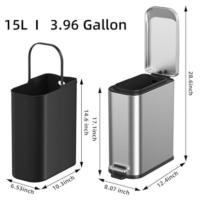 KdbK Bathroom Trash Can with Soft Close Lid, 15L/ 4 GallonRectangular Trash Can with Removable Wastebasket, Step Pedal, Slim Wastebasket for Bedroom, Home Office,Silver - color: Silver