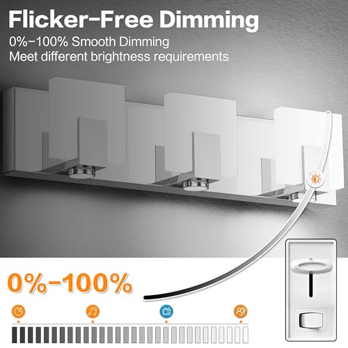SOLFART Bathroom Lighting Fixtures Over Mirror Chrome 3 Light Bathroom Vanity Light Dimmable LED Lights Stainless Steel Acrylic - color: Chrome,Spotlight Model-6000K,100%-0% Dimmble Brightness, size: 3- Light,20Inch