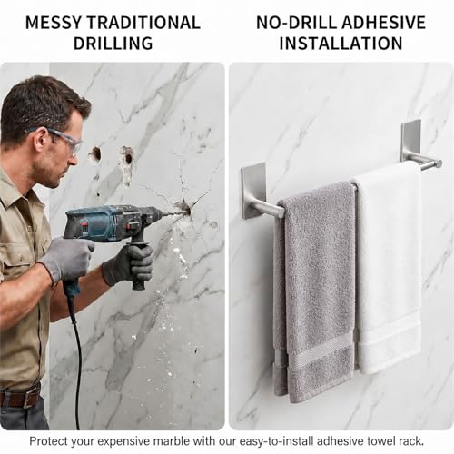 Adhesive Bath Towel Bar 24-inch, No Drill Stick On Towel Rack, Easy Install with Self-Adhesive, Premium SUS304 Stainless Steel (Brush Nickle, 24) - color: Brush Nickle, size: 24-Inch