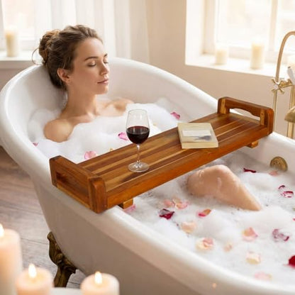 EcoDecors, 34 inch, with LiftAid Handles, Bath Tray for Tub, Bath Tub Tray Wood, Bathtub Table, Caddy for Bathtub in Natural Teak - style: 34"- LiftAid Handles