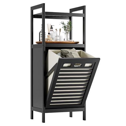 HITNET Tilt Out Laundry Hamper, Bamboo Bathroom Cabinet with Pull Out Removable Bag and 2 Tier Storage Shelves, 10 Gal Clothes Basket with Metal Handle, Black - color: Black