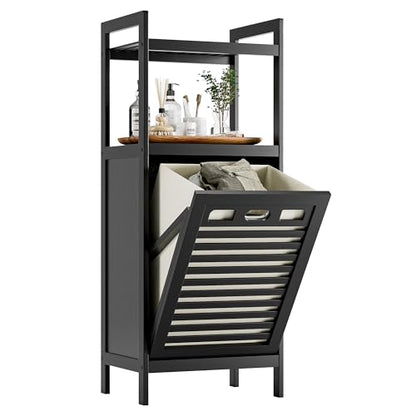 HITNET Tilt Out Laundry Hamper, Bamboo Bathroom Cabinet with Pull Out Removable Bag and 2 Tier Storage Shelves, 10 Gal Clothes Basket with Metal Handle, Black - color: Black