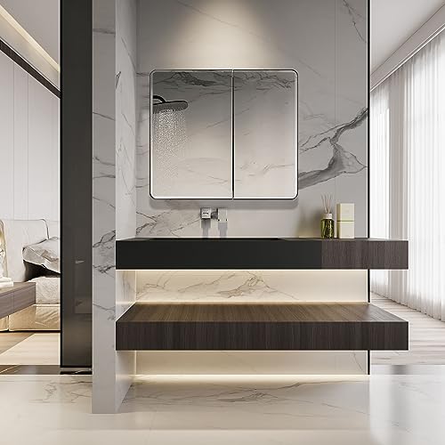 Black Bathroom Medicine Cabinet with Round Corner Framed Door and Beveled Edge Mirror 22 x 20 inch, Recessed or Surface Mount, with Adjustable Glass Shelves - size: 22 x 20 inch