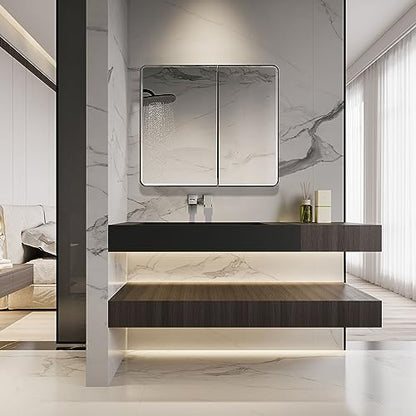 Black Bathroom Medicine Cabinet with Round Corner Framed Door and Beveled Edge Mirror 22 x 20 inch, Recessed or Surface Mount, with Adjustable Glass Shelves - size: 22 x 20 inch