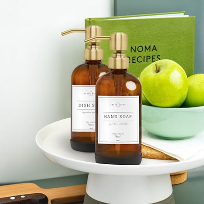 Vine Creations Amber Glass Soap Dispenser, 2 Pack Kitchen Soap Dispenser Set with Stainless Steel Pump, 16 oz Hand Soap and Dish Soap Dispensers for Kitchen or Bathroom with Waterproof Labels - color: Amber Bottle / Brushed Gold Pump
