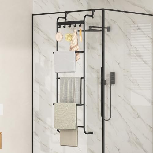 5 Tier Over The Door Towel Racks for Bathroom Wet Towel Drying Rack Clothing Storage Holder with Hooks (Black, 5 Tier) - color: Black