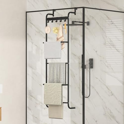 5 Tier Over The Door Towel Racks for Bathroom Wet Towel Drying Rack Clothing Storage Holder with Hooks (Black, 5 Tier) - color: Black