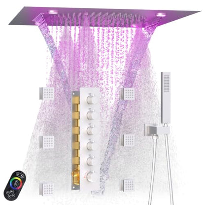 Enga Shower System With Spa Body Jets, 20 Inch LED Waterfall Atomizing Horizontal Square Ceiling Shower Head with Remote Control, Thermostatic Shower Faucet Set Flow Can Be Controlled Brushed Nickel - color: Brushed Nickel, style: 20" Head (Rain + Mist+Wa