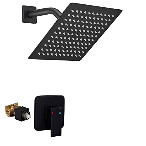 Black Shower Faucet GGStudy Single Function Shower Trim Kit with Rough-in Valve Shower Set Bath Rainfall Shower Faucet System 8inch Square Stainless Steel Metal Shower Head - color: Black, style: Square