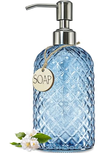 JASAI 18Oz Gem Patterned Glass Soap Dispenser for Kitchen and Bathroom | Refillable Hand soap Dispenser with Rust Proof Stainless Steel Pump, Clear Soap Dispenser Bathroom for Dish Soap, Hand Soap. - color: Navy Blue