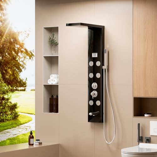 Shower Panels System with Adjustable Rainfall Shower Head and 6 Body Massage Jets, Easy Temperature Control Anti-limescale Bath Screen Shower Head Set Gentle and Rain-Like Spray Handheld Sh