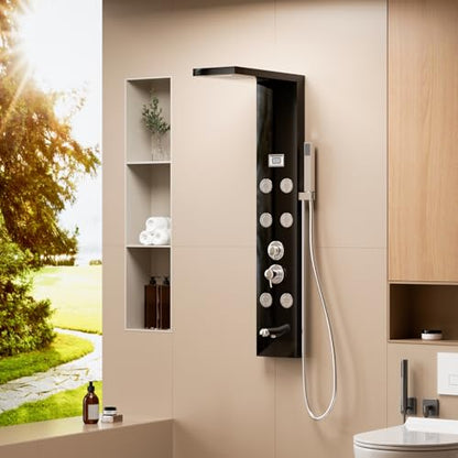 Shower Panels System with Adjustable Rainfall Shower Head and 6 Body Massage Jets, Easy Temperature Control Anti-limescale Bath Screen Shower Head Set Gentle and Rain-Like Spray Handheld Sh