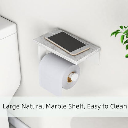 Gypie Toilet Paper Holder with Marble Shelf, Wall Mounted White | Stainless Steel, Tissue Roll Paper Holder Dispenser for Bathroom Washroom - color: White