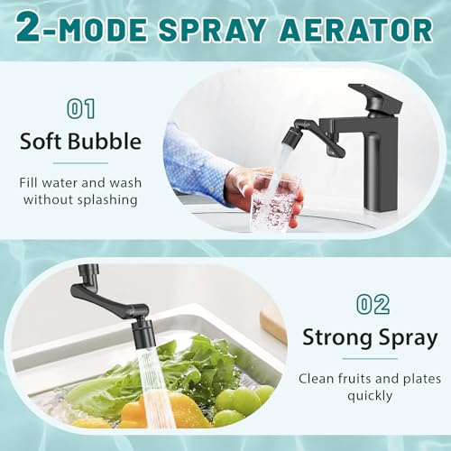 CECEFIN 1440 Swivel Faucet Extender for Kitchen/Bathroom Sink, NSF/ANSI 372 | Black Tap Aerator Extension, 1080° Large-Angle Splash, 2-Water Outlet Spray, Rotating Robotic Arm, Wash Hand/Face - color: B- Black- Swivel Faucet Aerator