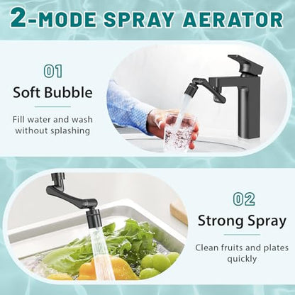 CECEFIN 1440 Swivel Faucet Extender for Kitchen/Bathroom Sink, NSF/ANSI 372 | Black Tap Aerator Extension, 1080° Large-Angle Splash, 2-Water Outlet Spray, Rotating Robotic Arm, Wash Hand/Face - color: B- Black- Swivel Faucet Aerator