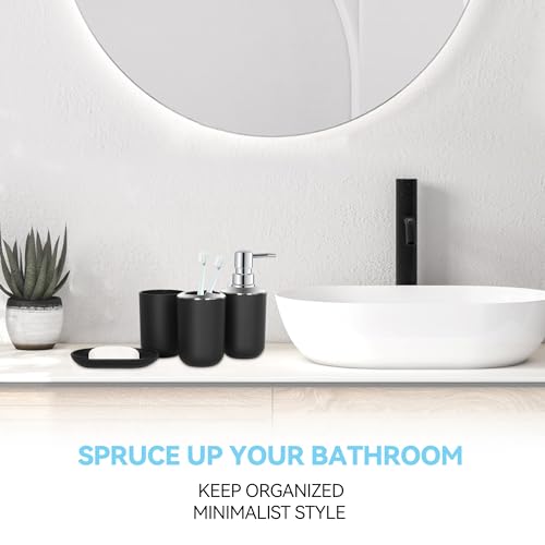 Black Bathroom Accessories Set 4 PCS, Black Bathroom Accessories | Plastic Soap Dispenser and Toothbrush Holder Set, Soap Dish and Mouthwash Cup, Boho Bathroom Decor, Bathroom Set - size: 4Pcs Black