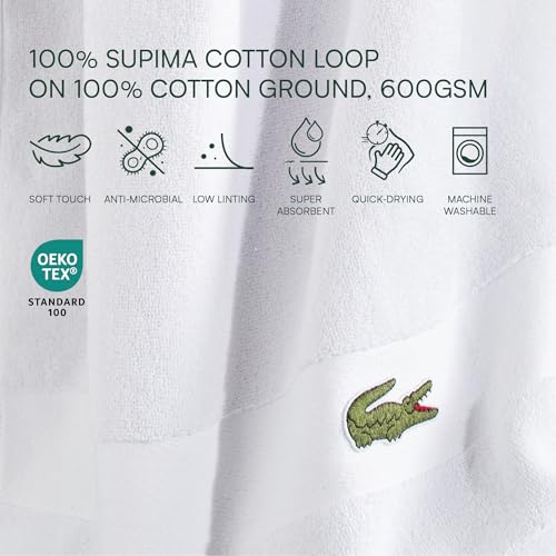 Lacoste Sport Stripe 6-Piece Luxury Cotton Towel Set – Made with 100% Soft Supima Cotton, Absorbent & Quick-Drying, Includes 2 Bath Towels, 2 Hand Towels, 2 Washcloths, White - color: White