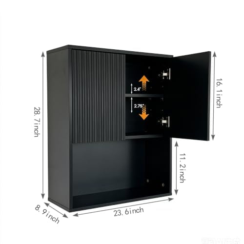 Fluted Bathroom Wall Cabinet Over the Toilet Storage,Wall Mounted Cabinet with Adjustable Shelf,Floating Cabinet Organizer Hanging Cabinet,Kitchen and Laundry Room Cabinets (Black, 1 PC) - color: Black