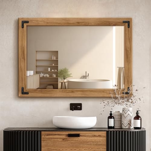 Wood Framed Bathroom Vanity Mirror for Wall, 26"x38" Farmhouse Mirror | Solid Wood Frame, HD Shatterproof Glass, Vertical/Horizontal Hanging, Ideal for Bathroom, Living Room, Bedroom - size: 38"L x 26"W