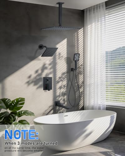 Woindo 4 Function Shower Faucet Set 12" Rain Shower Head/6'' Side Shower Head and 3 Setting Handheld Ceiling Mount Push Button Diverter Complete Rainfall Round Shower System Included Valve Trim Kit - color: Matte Black, style: 4-Function-Ceiling