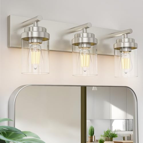 IZORRO Bathroom Vanity Light Fixture, 3-Light 22 Inch Brushed Nickel Bathroom Light Fixtures Over Mirror, with Clear Glass Shade, Modern Farmhouse Vanity Lights, Rustic Restroom Lighting Fixtures - color: Nickel-Clear Glass Shade, size: 22 inch-3-Light
