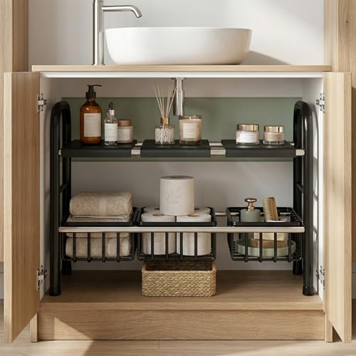 Under Sink Organizers and Storage, 2 Tier 20.9"-34.6" Expandable Length with 3 Removable Baskets and 3 Removable Panels Expandable Shelf for Cupboard,Kitchen,Bathroom, Black