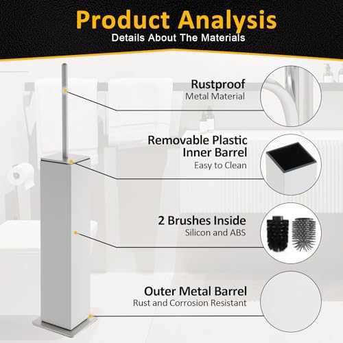 Toilet Brush and Holder Floor Standing, White with 2 Replaceable Heads, Bathroom Toilet Brush, Freestanding Toilet Bowl Brush with Removable Liner and Splash Guard, Modern Square Design - color: White-standing