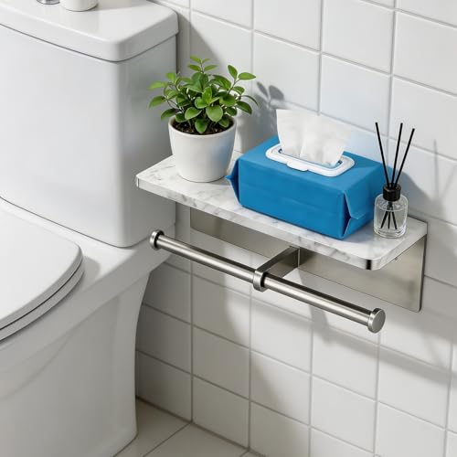 Brushed Nickel Toilet Paper Holder Wall Mount, NEWRAIN Rustproof Commercial Double Toilet Tissue Holder with Marble Phone Shelf, Stainless Steel Toilet Roll Holder for Bathroom, Washroom, Hotel, RV - color: Brushed Nickel, style: Marble