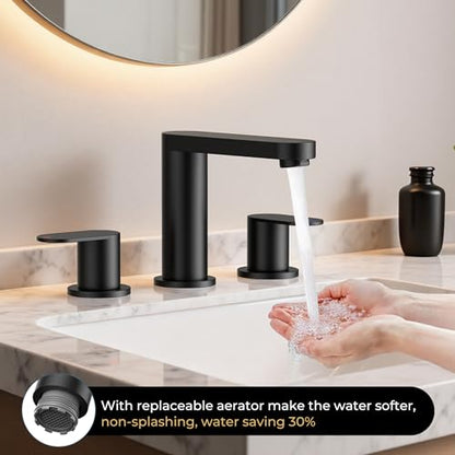 QFN Bathroom Faucet 3 Hole 8 Inch Widespread Vanity Sink Faucet Matte Black | 304 Stainless Steel Bathroom Sink Faucet with Pop-up Drain, 6-12 Inch 3 Hole Install, for RV Laundry Farmhouse Restroom Sink - color: Matte Black, style: Round