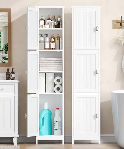 Tall Narrow Bathroom Storage Cabinet, 3-Tier Slim Storage Cabinet | Linen Cabinet with Adjustable Shelves and 3 Doors, for Bathrooms, Living Room, Laundry Room, Kitchen, White