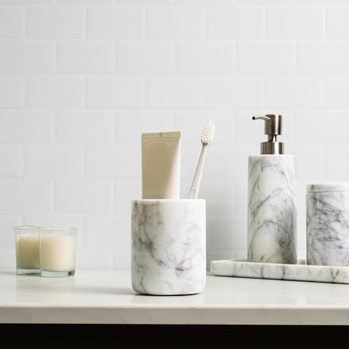 Cork & Mill Marble Toothbrush Holder Cup for Bathroom Countertop | Real White Stone, Decorative Organizer for Tooth Brush and Toothpaste, Aesthetic Vanity Accessory