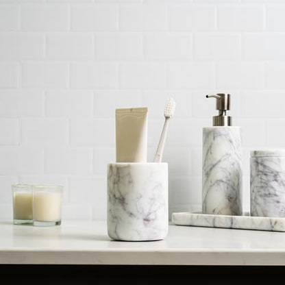 Cork & Mill Marble Toothbrush Holder Cup for Bathroom Countertop | Real White Stone, Decorative Organizer for Tooth Brush and Toothpaste, Aesthetic Vanity Accessory
