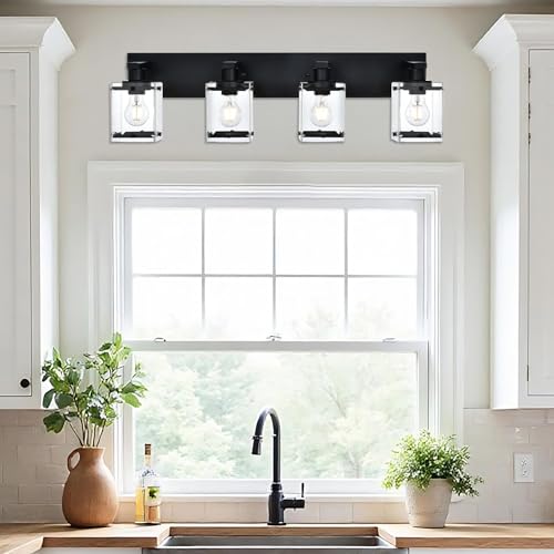 4-Light Bathroom Vanity Light Fixture, Modern Black Wall Lighting Over Mirror with Rectangular Clear Glass, E26 Bulb Base - color: Black, Clear Glass, size: 4-Lights