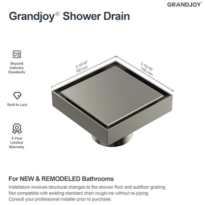 4 Inch Square Shower Floor Drain, SUS304 Stainless Steel with X-Shaped High Flow Channel, Anti-Clogging Hair Strainer, No Hub Required, Brushed Nickel - color: Brushed Nickel, size: 4