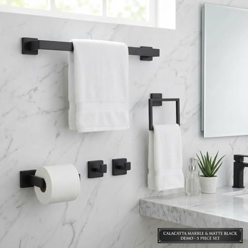 5-Piece Bathroom Hardware Set, 23.6 in Towel Bar, Matte Black | SUS304 stainless steel, 55 mm square bases, concealed screw mount, towel ring, toilet paper holder, 2 robe hooks - color: Matte Black