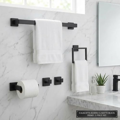 5-Piece Bathroom Hardware Set, 23.6 in Towel Bar, Matte Black | SUS304 stainless steel, 55 mm square bases, concealed screw mount, towel ring, toilet paper holder, 2 robe hooks - color: Matte Black