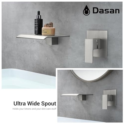 DASAN Wall Mount Waterfall Bathroom Faucet Brushed Nickel in Wall Sink Faucet, Single Handle Wall Mounted Modern Faucet for Bathroom with Upgraded Rough in Valve, DA-TFD3BN-NH - color: Brushed Nickel