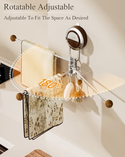 No-Drill Suction Cup Towel Bar 3 Arm 180° Rotating, Stainless Steel & Wood Knobs Suction Towel Bar, Wall Mounted Towel Rack for Bathroom Kitchen, Reusable