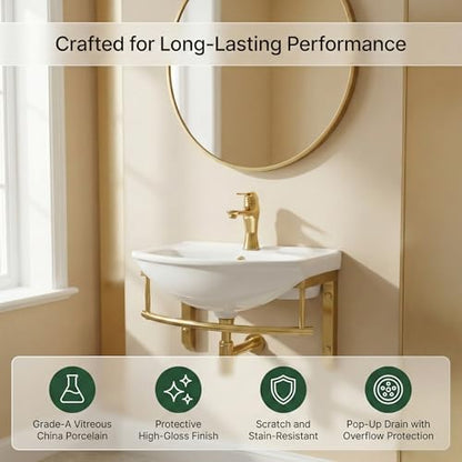 Renovators Supply Ridge 17 3/4 in. Wall Mount Bathroom Sink Combo Brass PVD | Grade A Vitreous China, Solid Brass Faucet, Pop Up Drain, Stainless Steel Towel Bar, Overflow - color: Brass