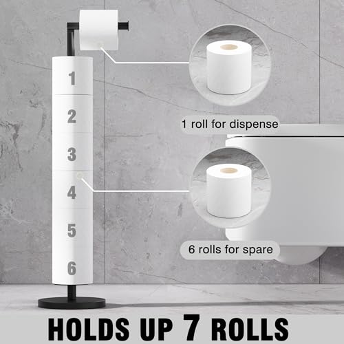 RUACQ Bathroom Toilet Paper Holder Stand with Storage, Matte Black | Free Standing Toilet Roll Holder, Height Adjustable, Holds 6 Reserve Rolls, Weighted Base, 304 Stainless Steel Rustproof - color: Matte Black