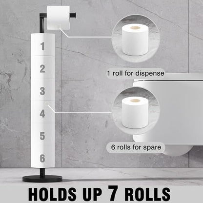 RUACQ Bathroom Toilet Paper Holder Stand with Storage, Matte Black | Free Standing Toilet Roll Holder, Height Adjustable, Holds 6 Reserve Rolls, Weighted Base, 304 Stainless Steel Rustproof - color: Matte Black