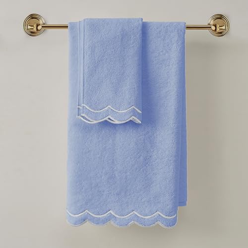Peri Home 2 Piece Cotton Bath Towel Set, Embroidered, Blue, White Scallop - color: Blue With White Scallop, size: 2 Bath Towel