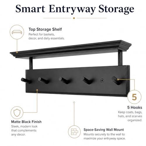 ) Matías Coat Rack Wall Mount with Shelf, 18 Inch Solid Wood Peg Rail, Wall Mounted Coat Rack with 5 Hooks, Wall Mount Shelf for Entryway, Bathroom or Bedroom (Black) - color: Black