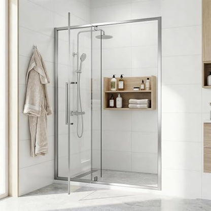 44-48" W x 72" H Pivot Shower Doors, Semi-Frameless Swing Water Repellent Glass Shower Doors with 1/4" (6mm) Clear SGCC Tempered Glass, Chrome Finish, Reversible Installation, Magnetic Closing | 1/4" (6mm) Clear SGCC Tempered Glass with a 24.8" walk-in op