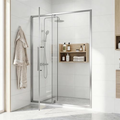 44-48" W x 72" H Pivot Shower Doors, Semi-Frameless Swing Water Repellent Glass Shower Doors with 1/4" (6mm) Clear SGCC Tempered Glass, Chrome Finish, Reversible Installation, Magnetic Closing | 1/4" (6mm) Clear SGCC Tempered Glass with a 24.8" walk-in op