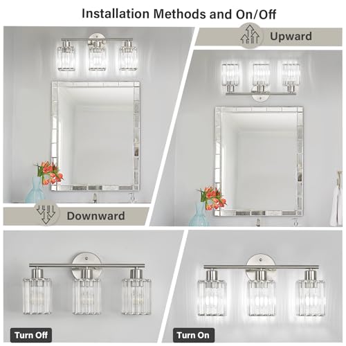 3 Light Bathroom Light Fixtures, Modern Crystal Vanity Lights over Mirror | Metal Frame, Bathroom Light with Square Crystal Shade, ETL Certified, E26 Ceramic Socket, Bulbs Not Included - color: Brushed Nickel, size: 3-Light