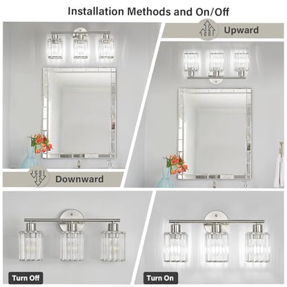 3 Light Bathroom Light Fixtures, Modern Crystal Vanity Lights over Mirror | Metal Frame, Bathroom Light with Square Crystal Shade, ETL Certified, E26 Ceramic Socket, Bulbs Not Included - color: Brushed Nickel, size: 3-Light